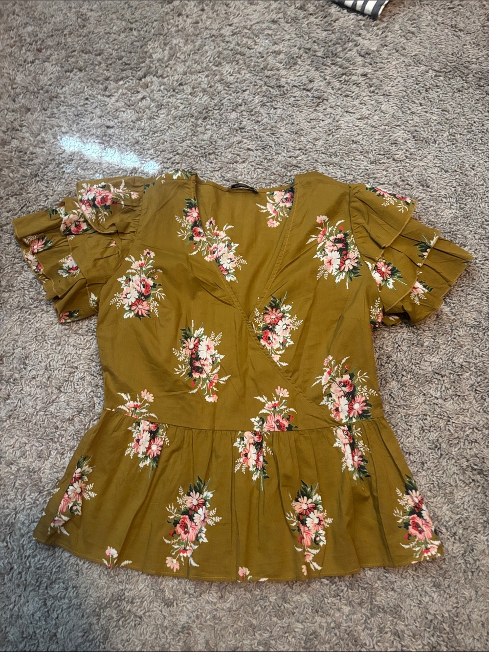 Madewell Olive Floral V-Neck Peplum Blouse